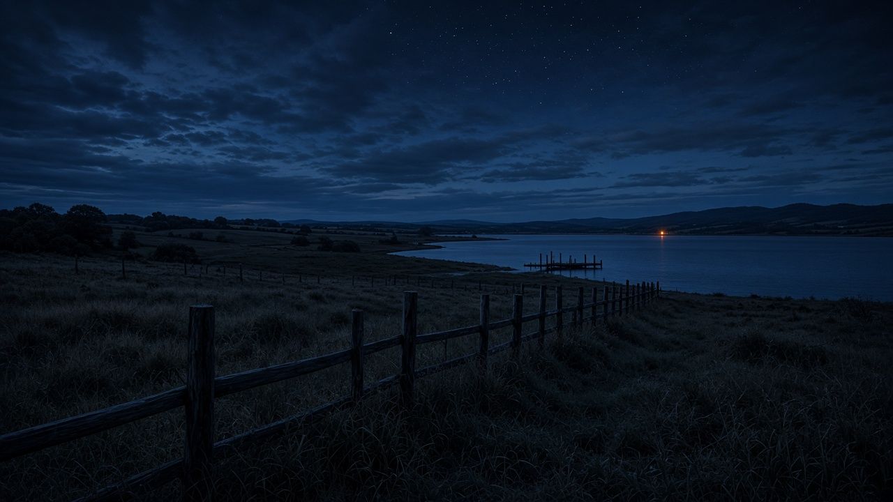 Rural night acreage with a farmhouse and open sky