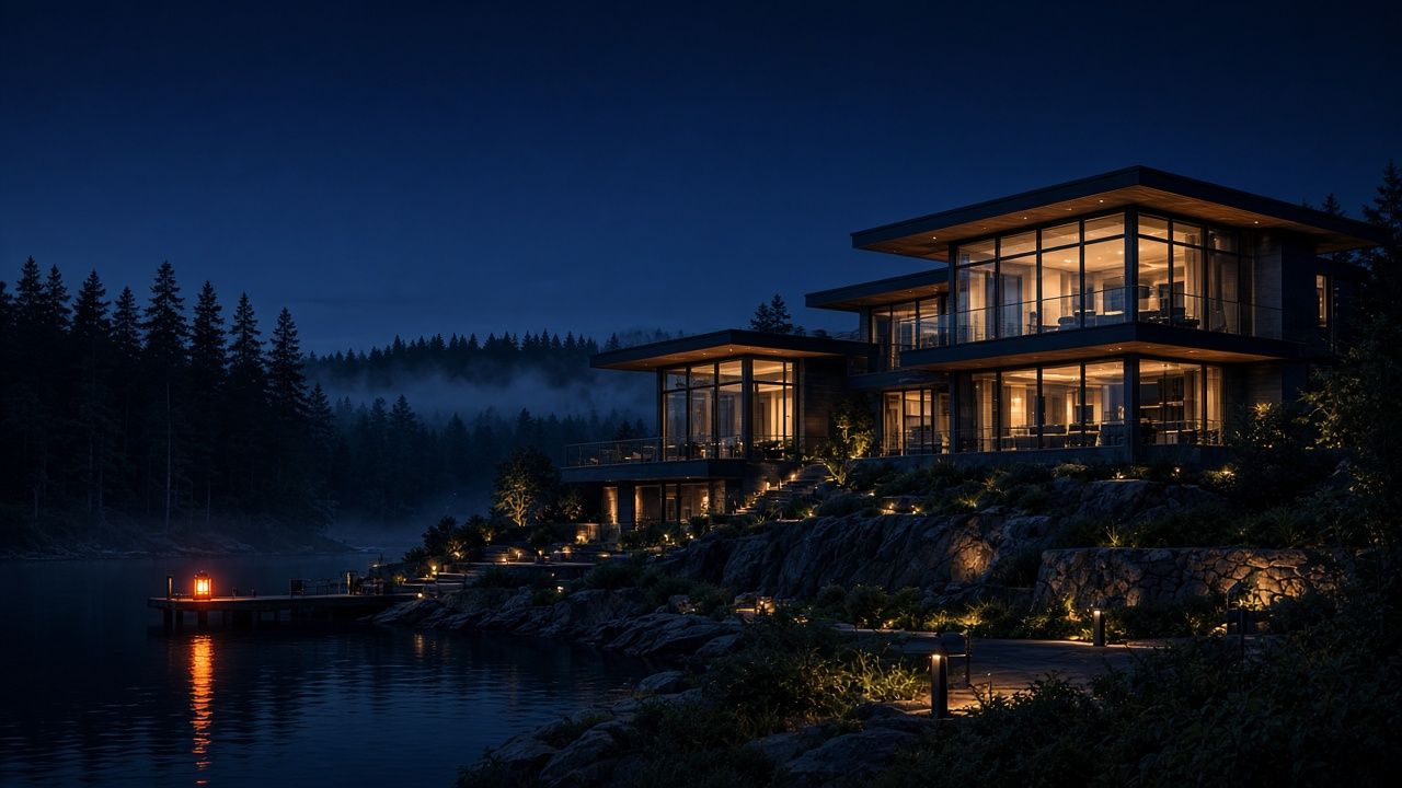 Night suburban property with a warm interior light on a cool perimeter
