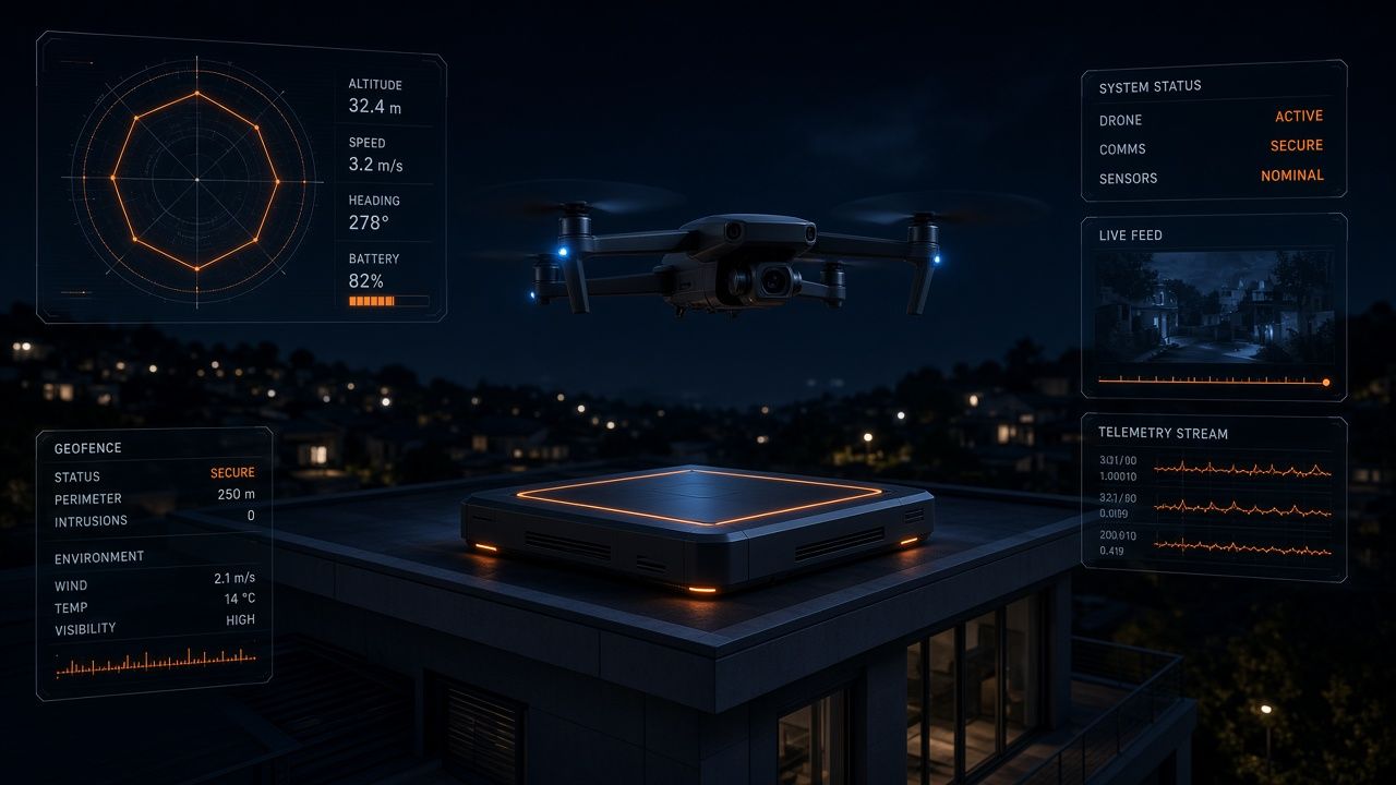 Night Verify product stage: Protector drone hovering above a rooftop dock with operator telemetry